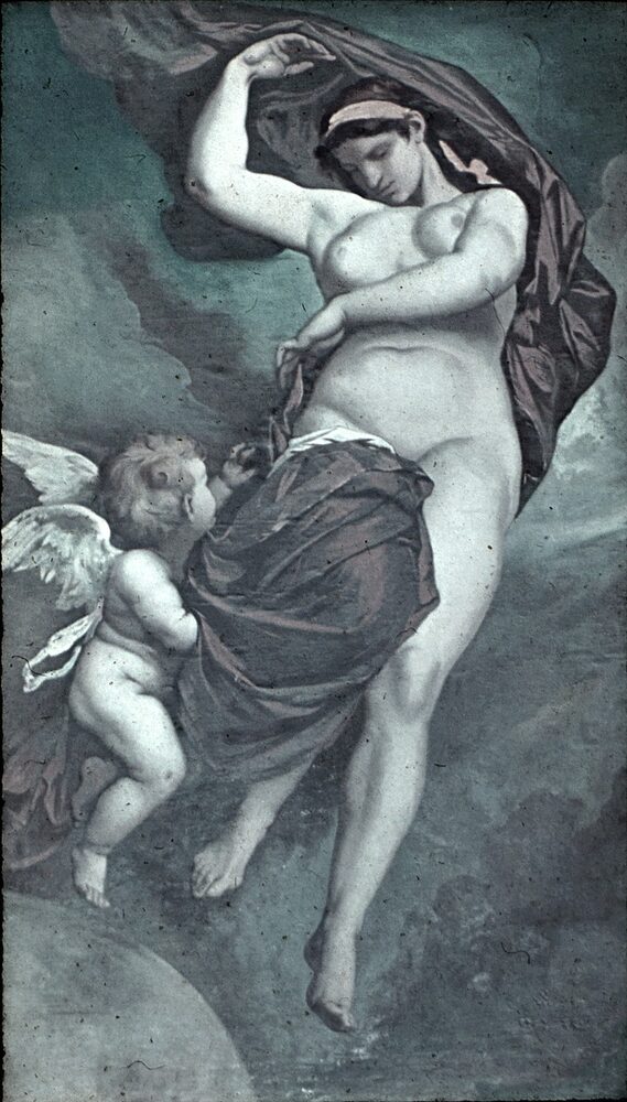 Ceiling painting of the earth-goddess Gaea (Gaia) floating amid the clouds with a winged infant at her breast; Anselm Feuerbach, 1875.