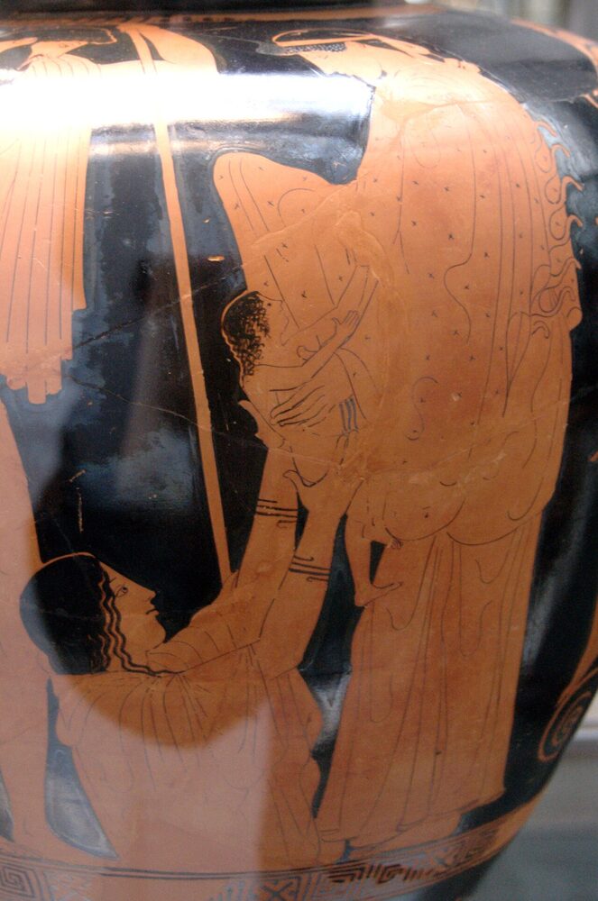 Attic red-figure vase showing Gaia rising from the earth to hand the infant Erichthonius up to Athena; attributed to Hermonax, ca. 470–460 BCE.