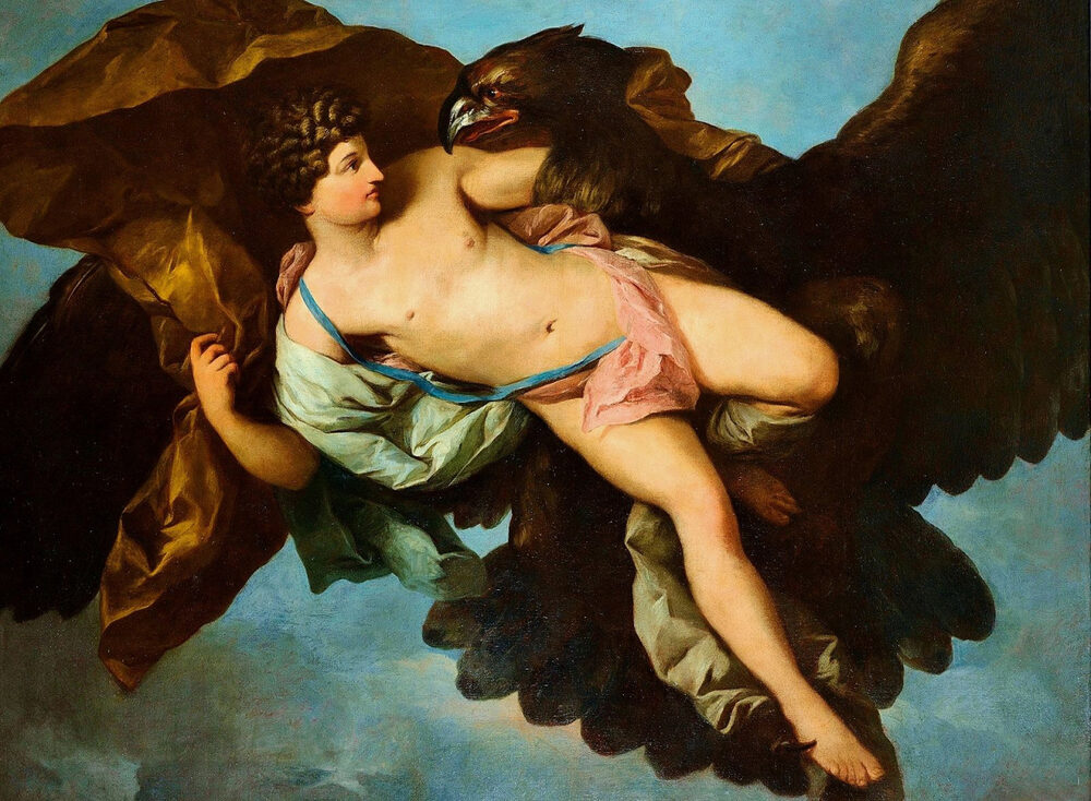 Oil painting of the youth Ganymede borne aloft through the sky by the eagle of Zeus; Bénigne Gagneraux, 1782.