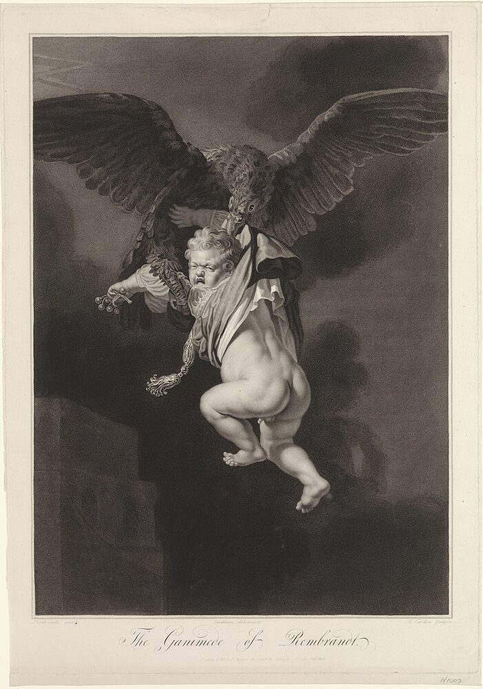 Engraving after Rembrandt of the crying infant Ganymede snatched skyward in the talons of Zeus's eagle; published 1795.
