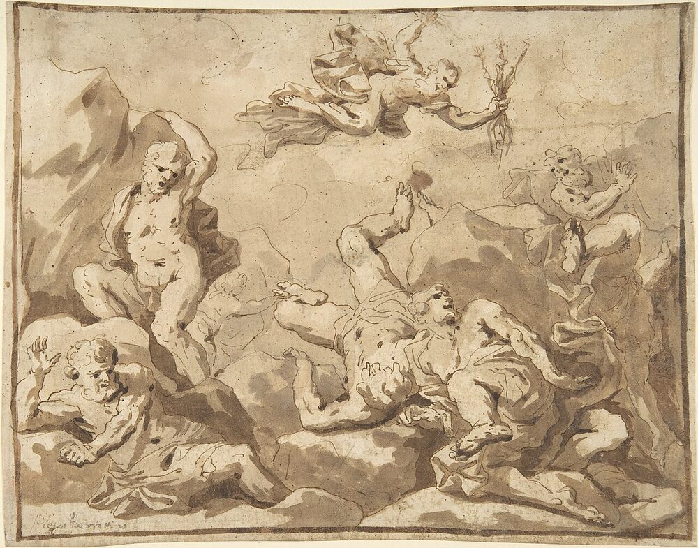 Pen-and-wash drawing of the Olympian gods hurling down the rebellious Giants in the Gigantomachy; Italian, 17th century.