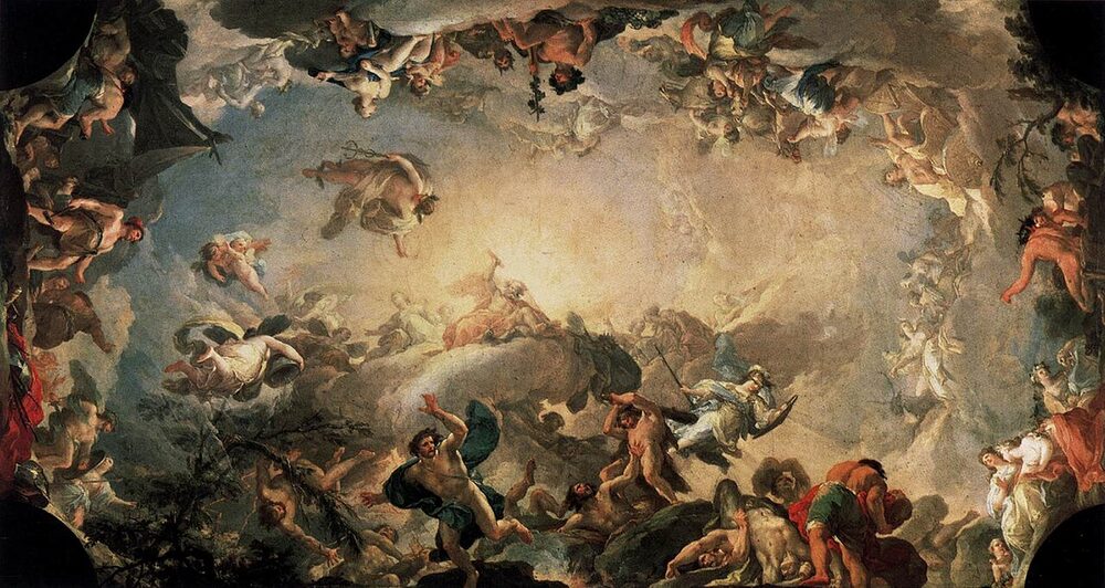 Ceiling painting of the gods of Olympus casting down the Giants, Jupiter enthroned in the light above; Francisco Bayeu, 1764.