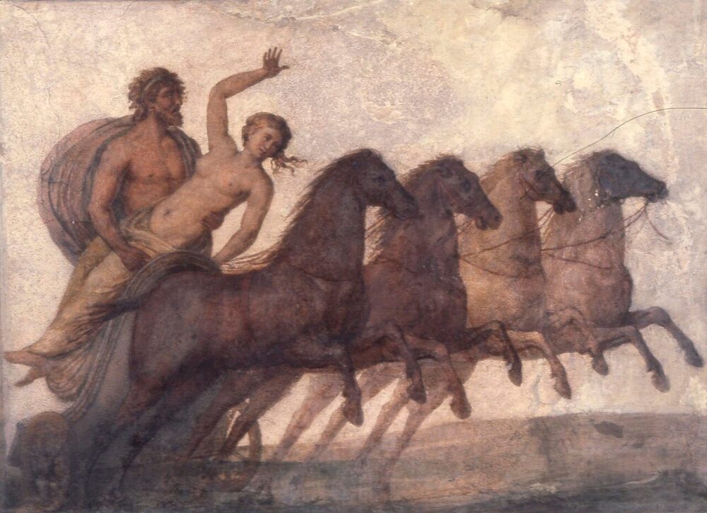 Roman tomb fresco of Hades (Pluto) carrying off Persephone in his galloping four-horse chariot; 2nd–3rd century CE.