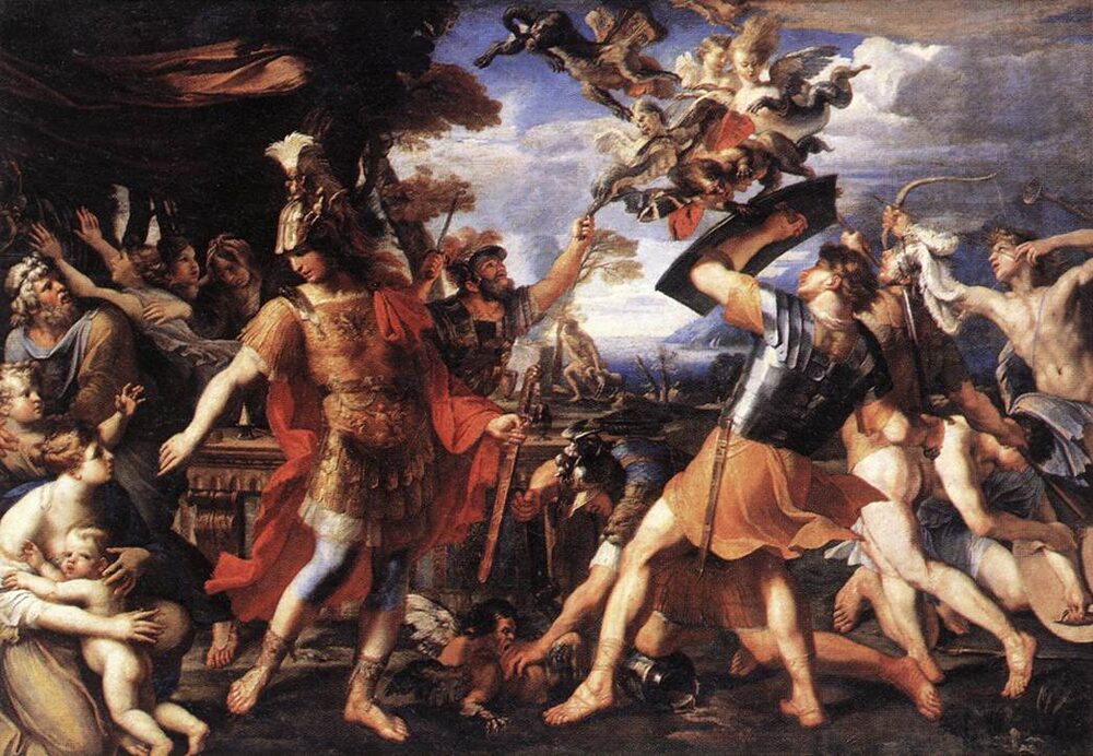 Oil painting of Aeneas and his companions battling the winged Harpies, by François Perrier, ca. 1646–47.