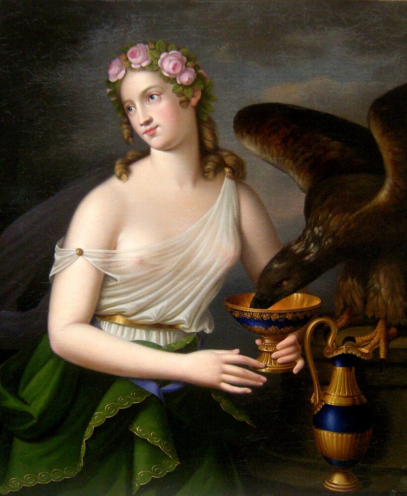 Oil painting of Hebe, cupbearer of the gods, offering nectar to the eagle of Zeus, 19th century.