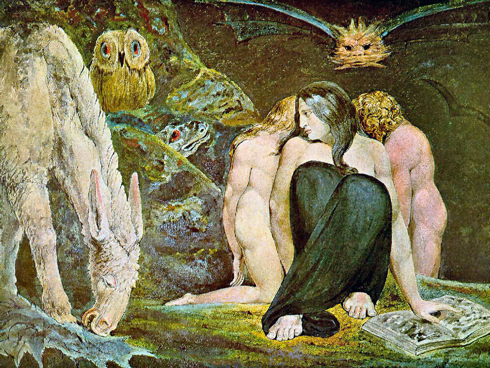 Color print of the triple goddess Hecate with owl and nocturnal creatures, by William Blake, ca. 1795.