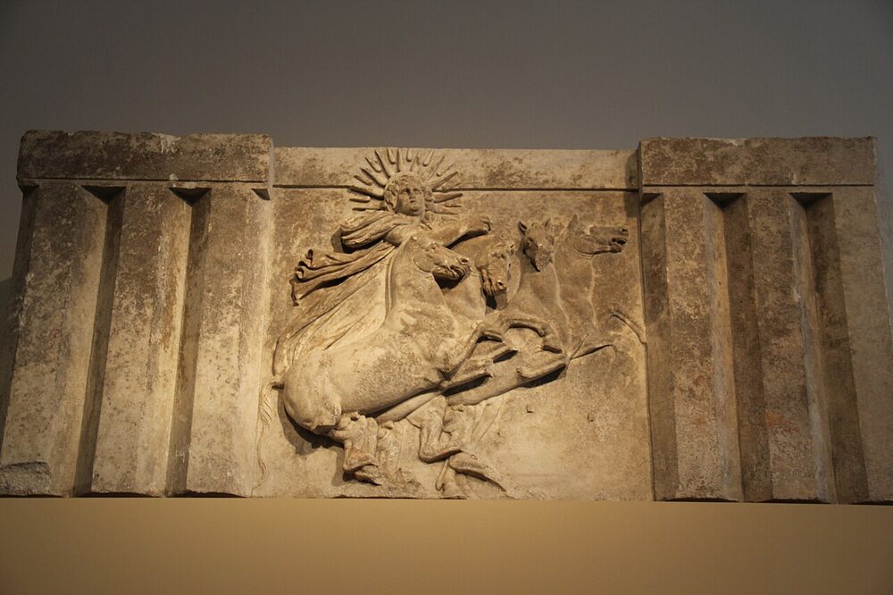 Marble relief of the sun-god Helios rising in his four-horse chariot, from the Temple of Athena at Troy, ca. 300–280 BCE.