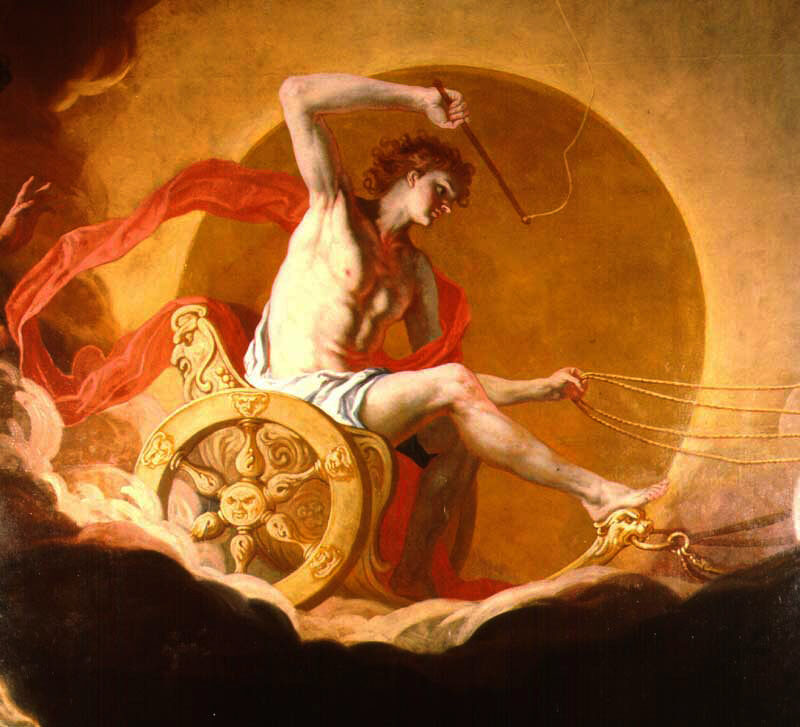 Oil painting of Helios driving his sun-chariot with whip and reins, by Hans Adam Weissenkircher, late 17th century.