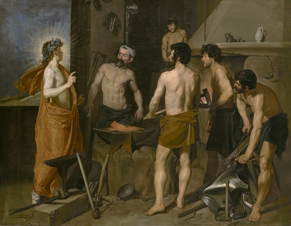 Oil painting of the forge of Vulcan (Hephaestus) at his anvil as Apollo arrives, by Diego Velázquez, 1630.