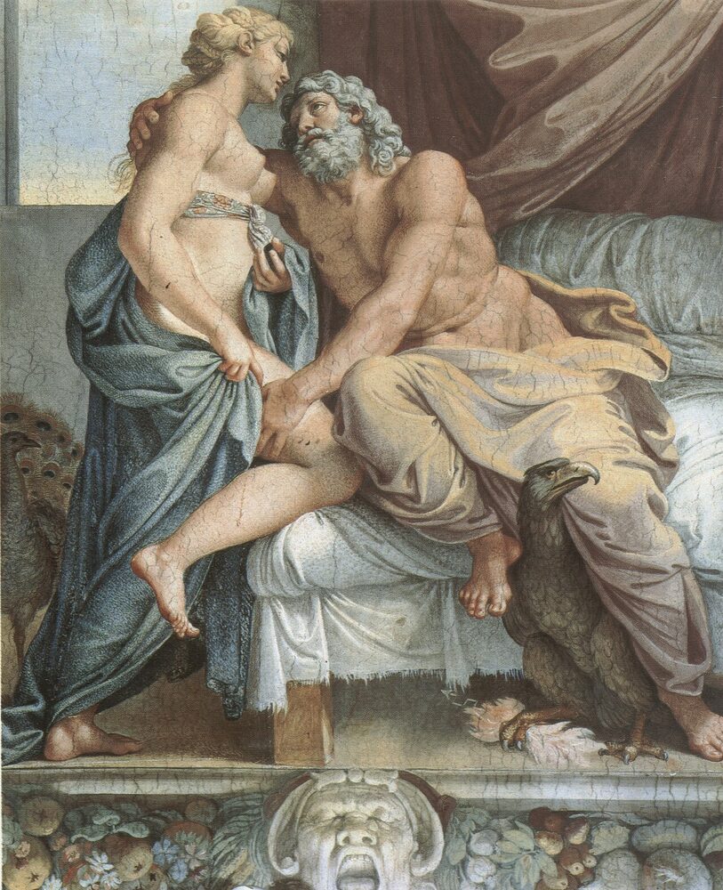 Fresco of Jupiter and Juno (Hera), her peacock at her feet, by Annibale Carracci, 1597.