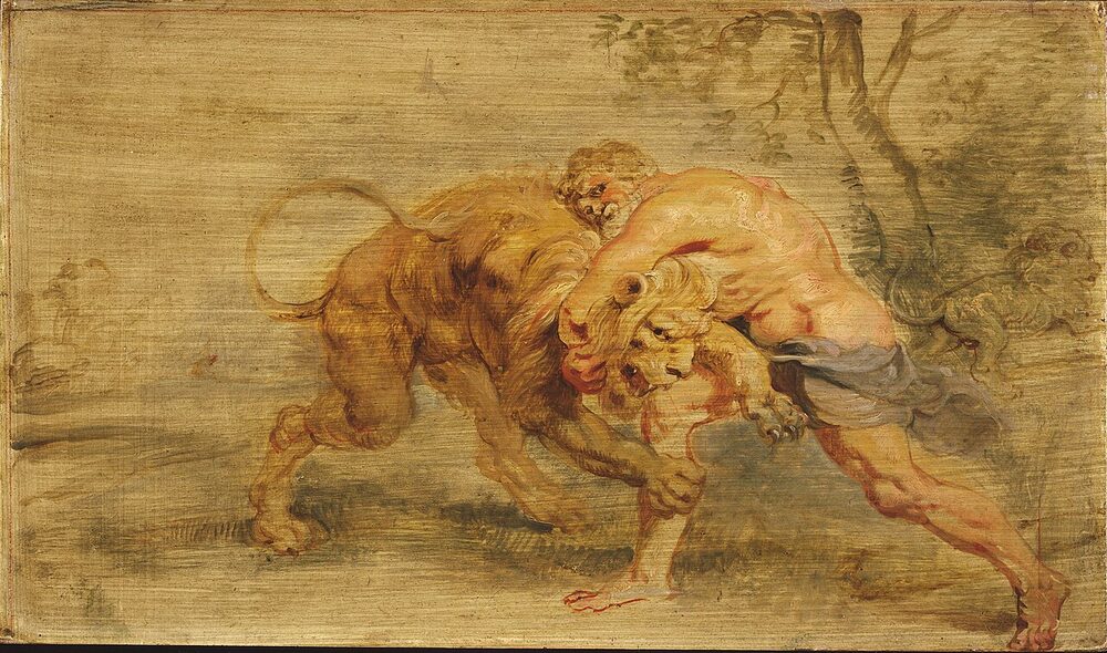 Oil sketch of Hercules strangling the Nemean lion, his first labour, by Peter Paul Rubens, ca. 1615.