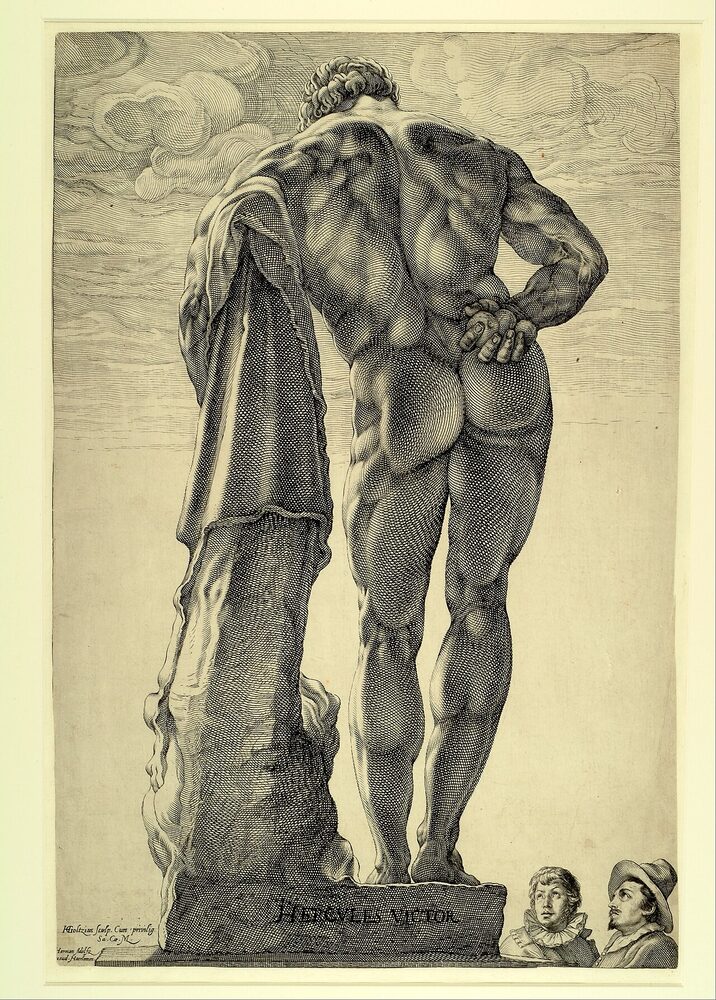 Engraving of the colossal Farnese Hercules leaning on his club draped with the lion-skin, by Hendrick Goltzius, ca. 1592.