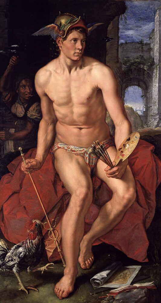 Oil painting of Mercury (Hermes) with winged helmet, caduceus, and rooster, by Hendrick Goltzius, 1611.