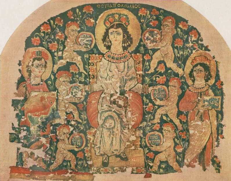 Late-antique tapestry of the enthroned goddess inscribed in Greek "Hestia Polyolbos" (Hestia rich in blessings), Byzantine Egypt, 6th century CE.
