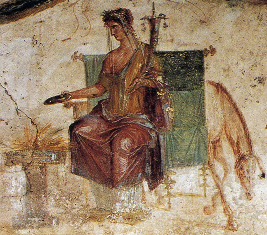 Roman fresco of Vesta-Hestia enthroned with a patera and her sacred ass, Pompeii, 1st century CE.