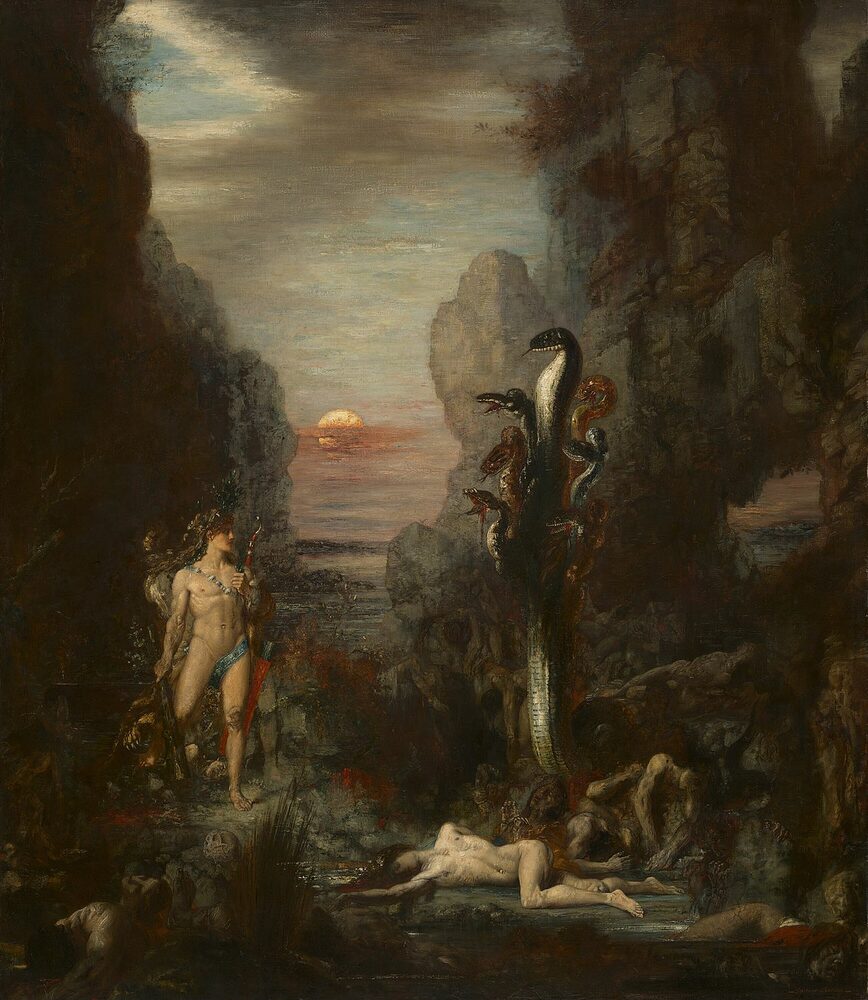 Oil painting of Hercules confronting the many-headed Lernaean Hydra, by Gustave Moreau, 1875–76.