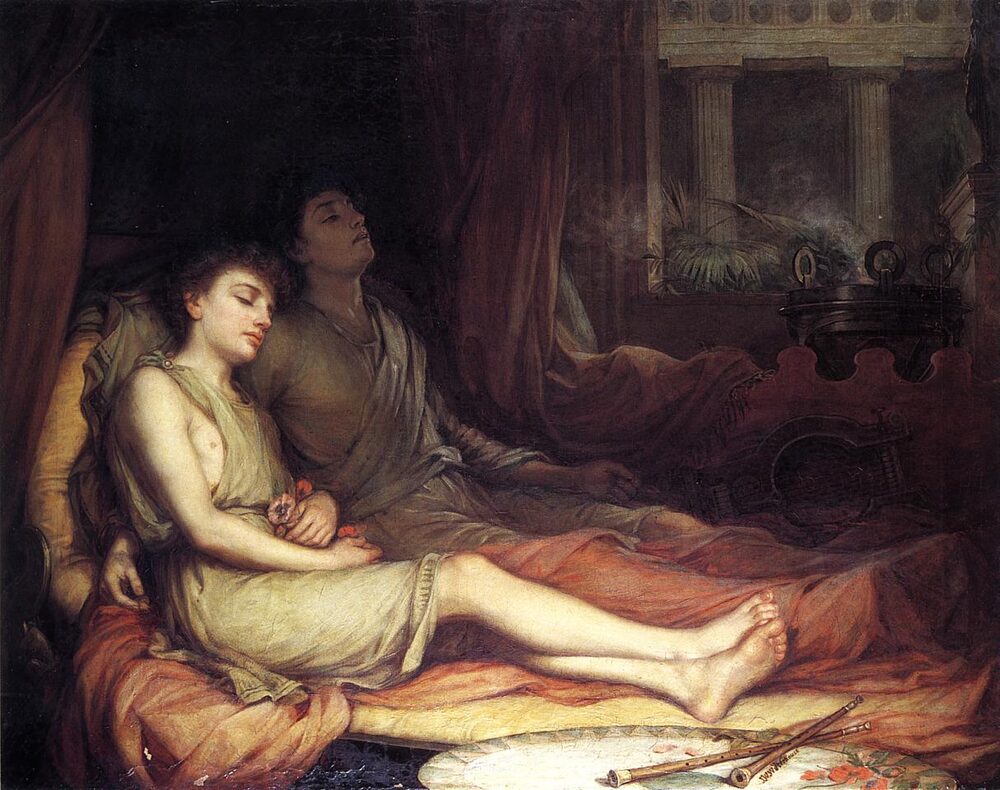 Oil painting of Hypnos (Sleep) reclining beside his brother Thanatos (Death), grasping poppies, by John William Waterhouse, 1874.