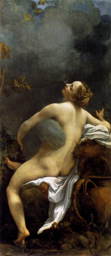 Oil painting of Io embraced by Zeus (Jupiter) in the form of a dark cloud, by Correggio, ca. 1531.