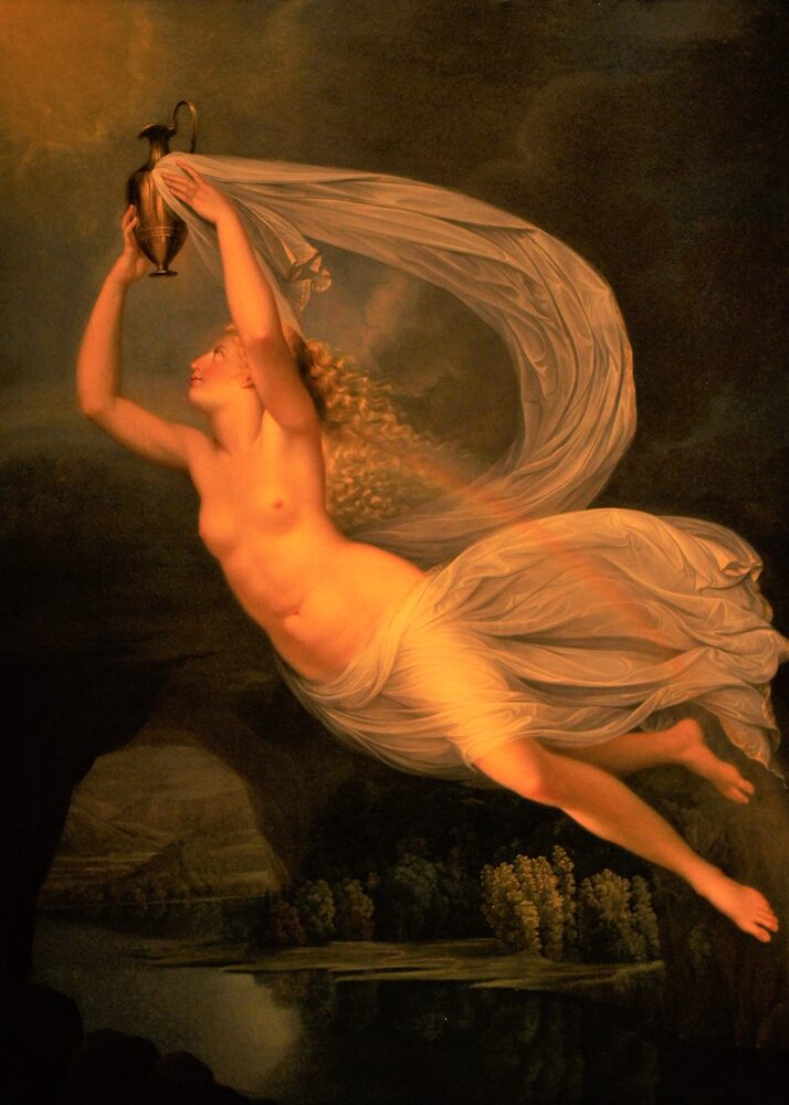 Oil painting of the rainbow-messenger goddess Iris in flight, winged and trailing a veil while carrying a ewer, by Guy Head, ca. 1793.