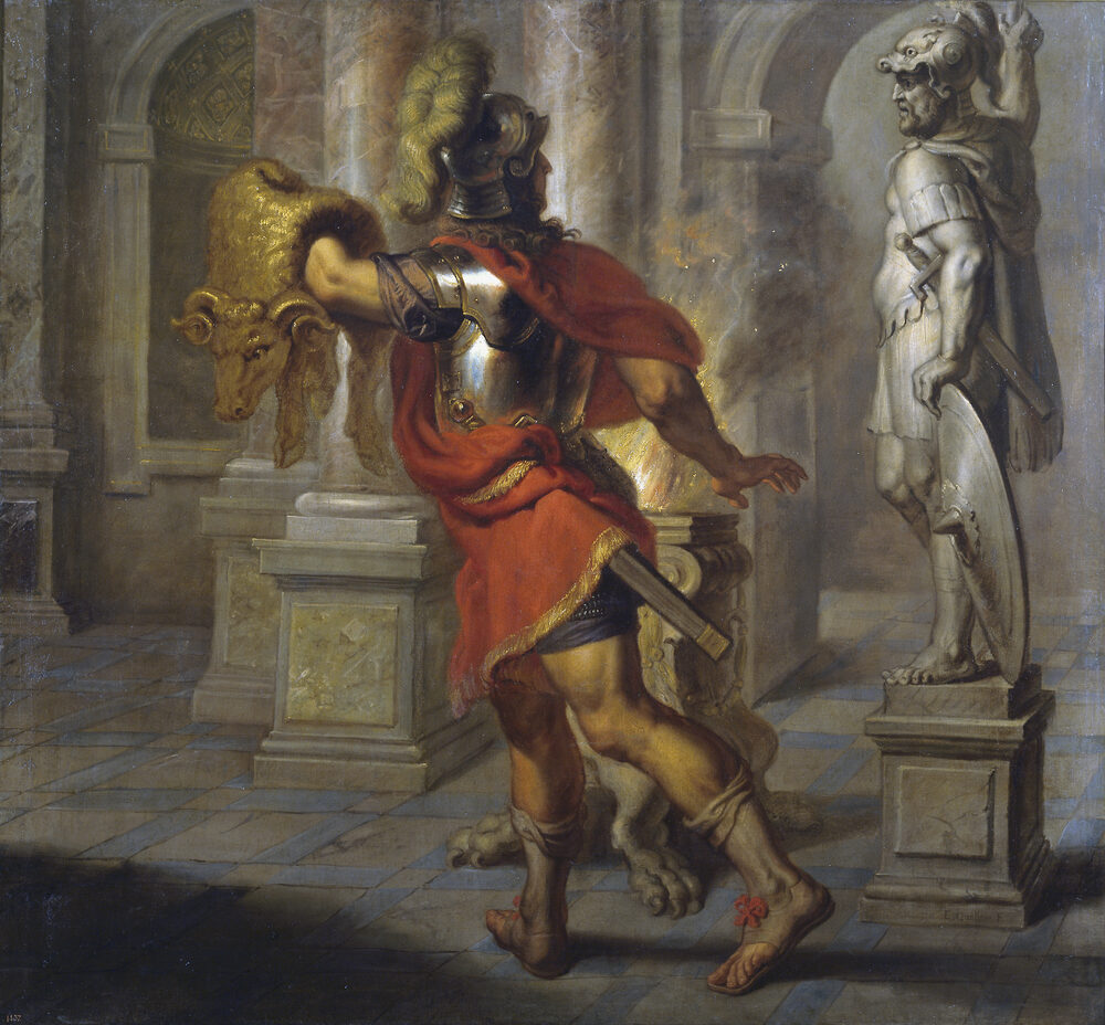 Oil painting of Jason carrying off the Golden Fleece, in armour and red cloak, by Erasmus Quellinus II, 1630.
