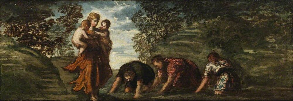 Oil painting of Leto (Latona) holding the infants Apollo and Artemis as the Lycian peasants are turned into frogs, by Tintoretto, ca. 1545.