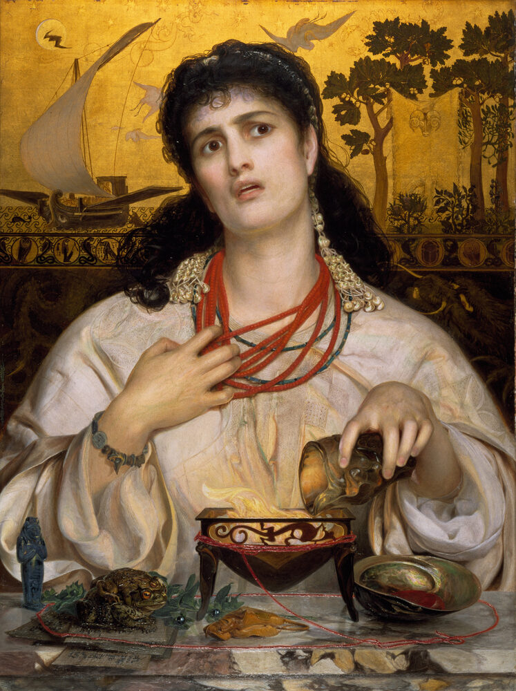 Oil painting of the sorceress Medea preparing a potion before the Argo, wearing a coral necklace beside a burning brazier, by Frederick Sandys, 1868.