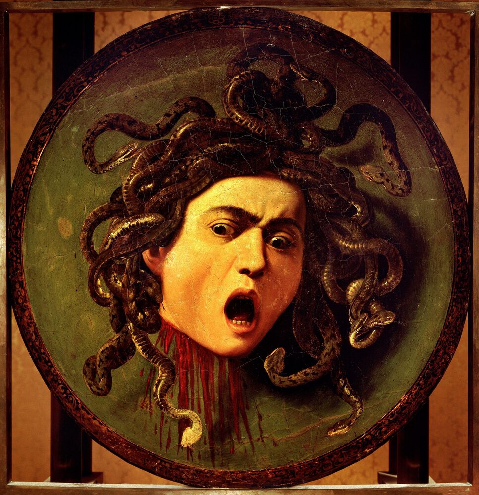 Oil-on-canvas shield painting of the severed, snake-haired head of Medusa crying out, by Caravaggio, ca. 1597.