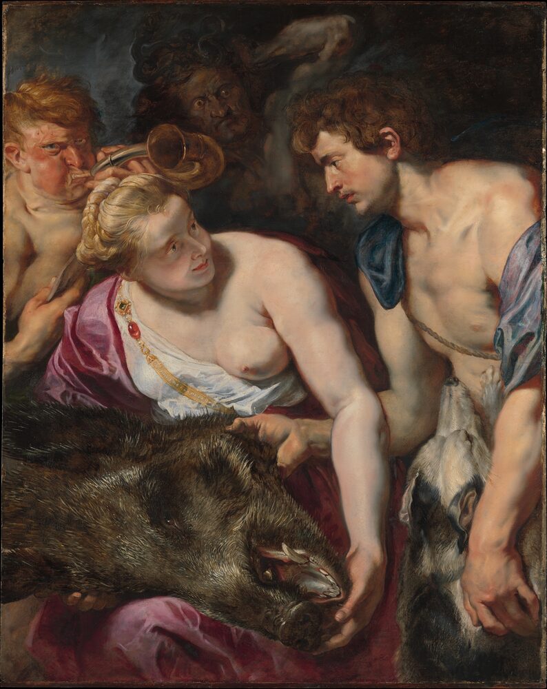 Oil painting of Meleager presenting the head of the Calydonian boar to Atalanta, by Peter Paul Rubens, ca. 1616.