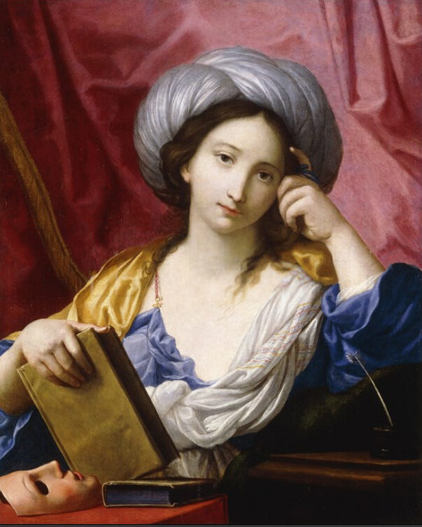 Oil painting of Melpomene, Muse of Tragedy, holding a book with a tragic theatrical mask beside her, by Elisabetta Sirani, 17th century.