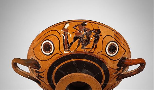 Attic black-figure eye-cup showing Theseus lunging at the kneeling, bull-headed Minotaur, Greek, ca. 530 BCE.