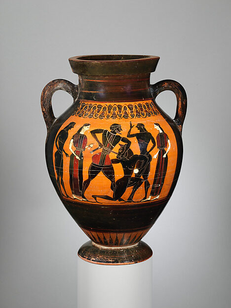 Attic black-figure amphora showing Theseus grappling with the Minotaur before onlookers, Greek, ca. 540 BCE.