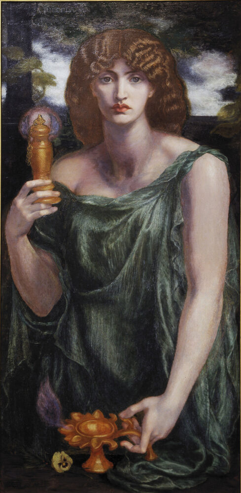 Oil painting of Mnemosyne, goddess of memory and mother of the Muses, holding a golden lamp of memory, by Dante Gabriel Rossetti, 1876–81.
