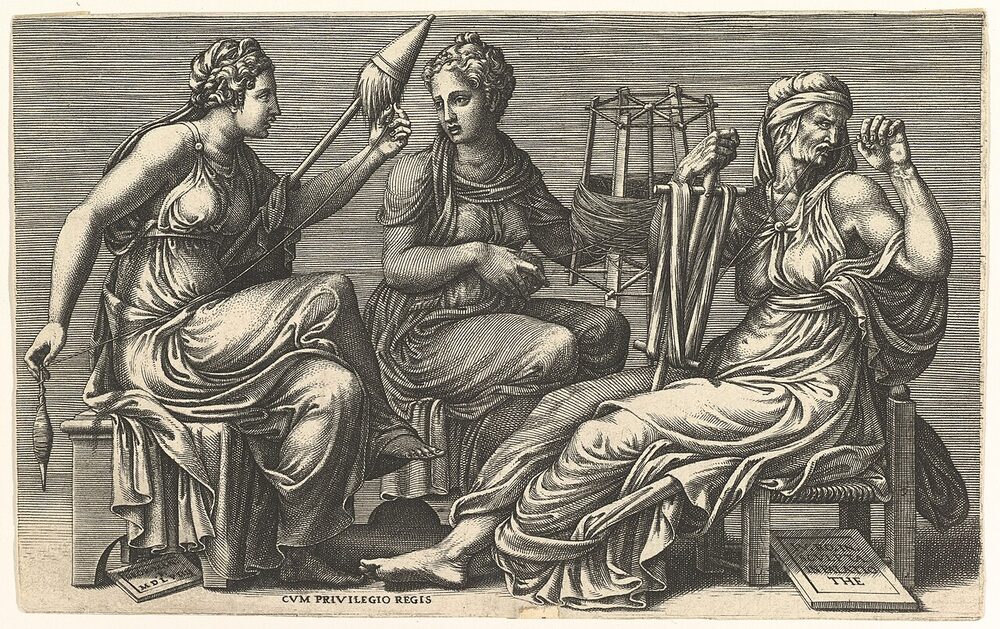 Engraving of the three Fates — Clotho spinning the thread of life, Lachesis measuring it, and aged Atropos ready to cut it, after Rosso Fiorentino, 16th century.