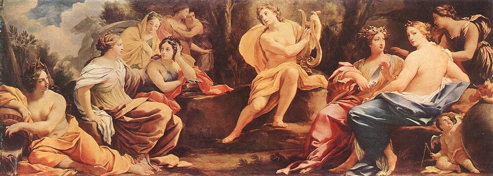 Oil painting of Apollo with his lyre seated among the Muses on Parnassus, by Simon Vouet, ca. 1640.