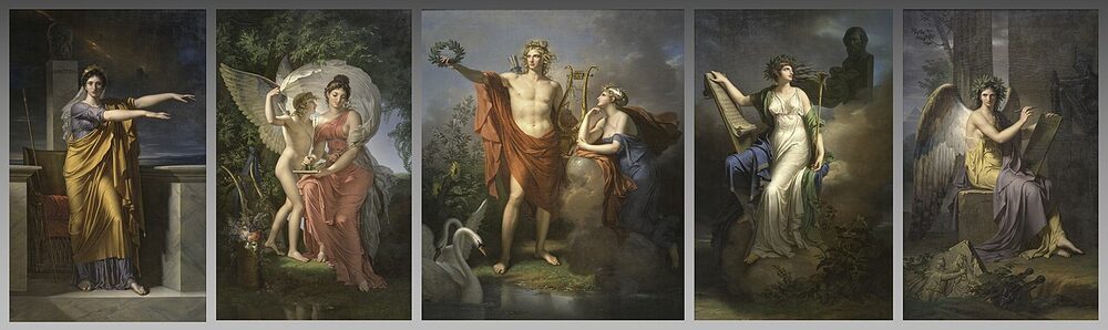 Painted polyptych of Apollo and the nine Muses, each with her attribute, by Charles Meynier, ca. 1800.