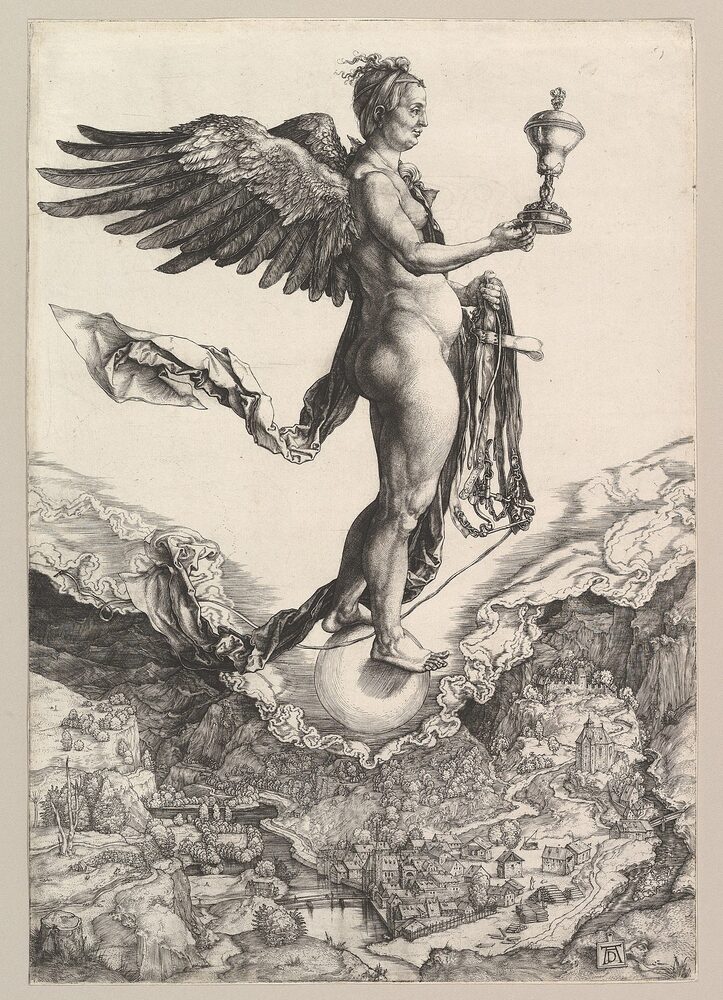 Engraving of Nemesis as a winged Fortune balanced on a sphere above a landscape, holding a goblet and a bridle, by Albrecht Dürer, ca. 1501–02.