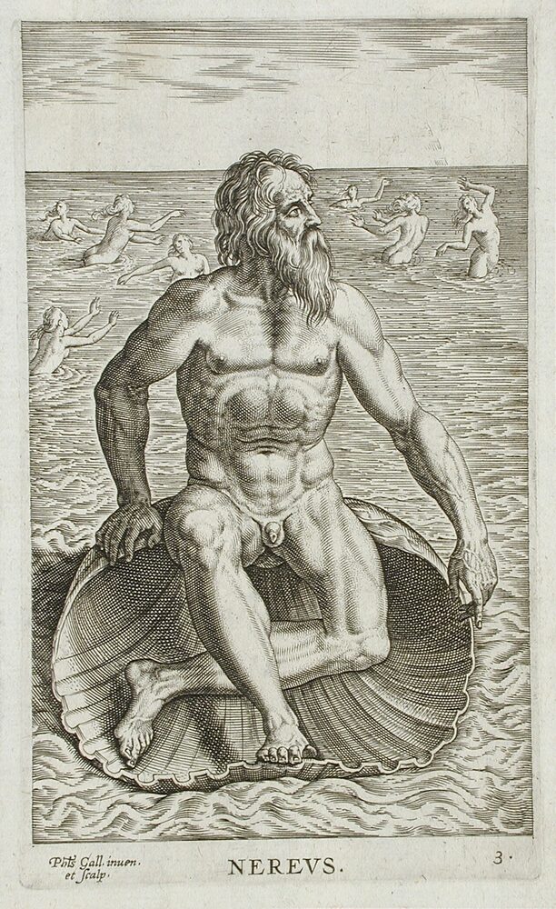 Engraving of the old sea-god Nereus seated on a shell amid his daughters the Nereids swimming in the sea, by Philip Galle, late 16th century.