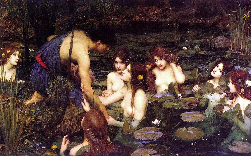 Oil painting of water nymphs rising from a lily pool to draw the youth Hylas into the water, by John William Waterhouse, 1896.
