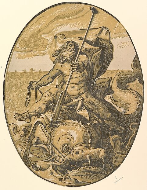 Chiaroscuro woodcut of the bearded sea-god Oceanus riding a sea monster, after Hendrick Goltzius, ca. 1589–90.