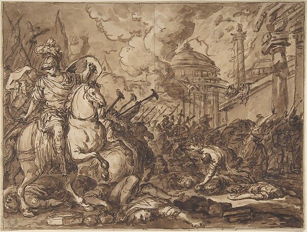 Pen-and-wash drawing of Ulysses (Odysseus) on horseback entering the burning city of Troy, 1780s.