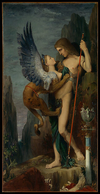 Gustave Moreau's oil painting of Oedipus confronting the winged Sphinx, 1864.
