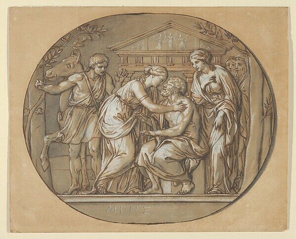Neoclassical drawing of the blind Oedipus embraced by his daughters Antigone and Ismene before the temple of the Furies, ca. 1760–61.