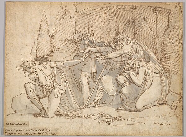 Pen-and-ink drawing of Oedipus at Colonus cursing his son Polynices, 1777.
