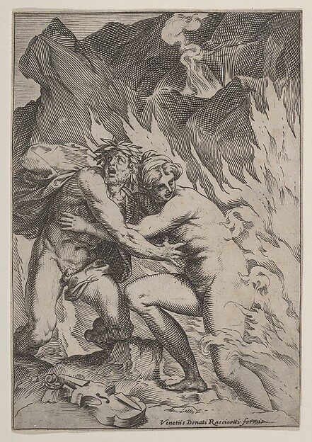 Engraving of Orpheus reaching for Eurydice at the mouth of the underworld, ca. 1590–95.
