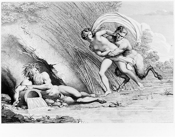Print of the goat-legged, horned god Pan seizing the nymph Syrinx among the reeds.
