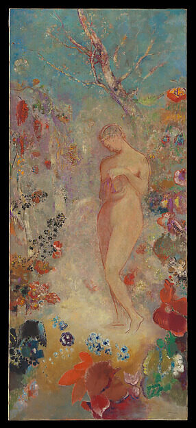 Odilon Redon's oil painting 'Pandora,' a nude Pandora amid flowers, ca. 1914.
