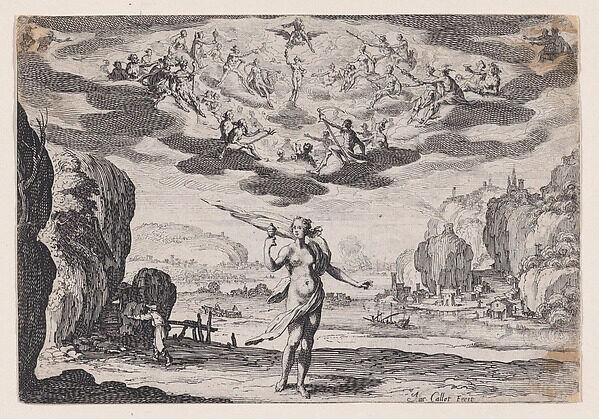 Etching of Pandora standing in a landscape beneath the assembled gods, ca. 1625.