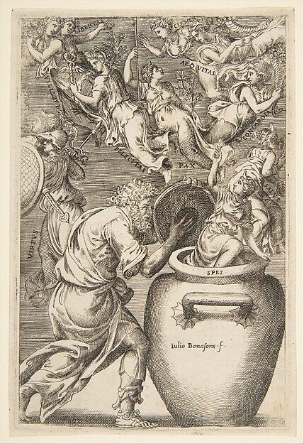Engraving of Pandora's jar releasing the spirits while Hope (SPES) remains within, 1531–76.
