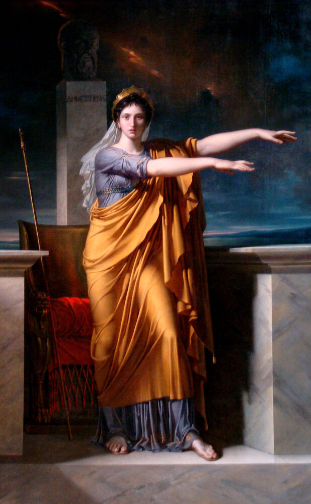 The Muse Polyhymnia in a declaiming pose beside a bust of the orator Demosthenes, oil on canvas by Charles Meynier, ca. 1800.