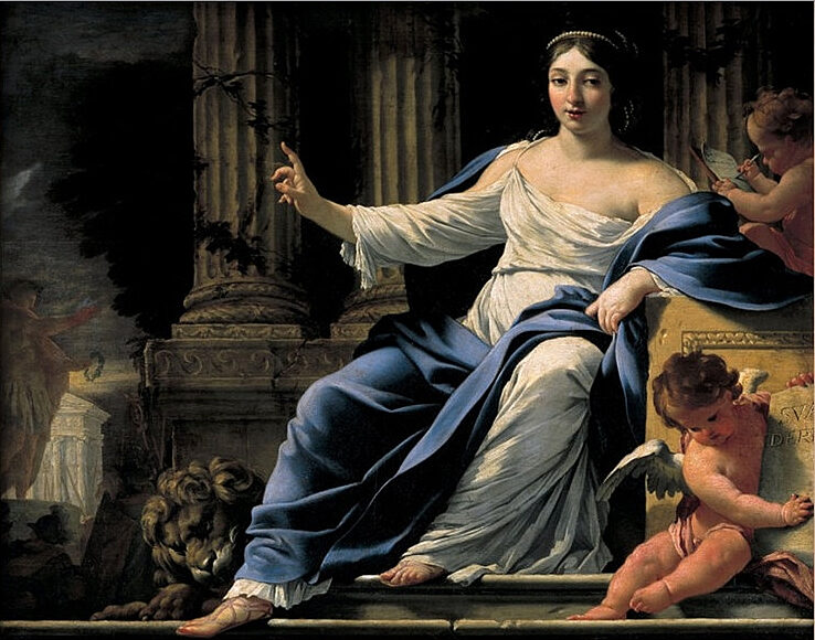 Polyhymnia enthroned with attendant putti and a lion, oil on canvas by Simon Vouet, ca. 1634–1639.
